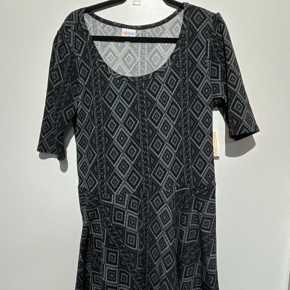LuLaRoe Black Gray Nicole Geometric Scoop Neck Fit‎ & Flare Dress Size 2XL NWT